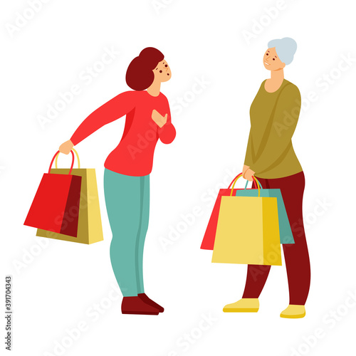 Two women with shopping bags are talking emotionally. Vector illustration. Isolated on white.