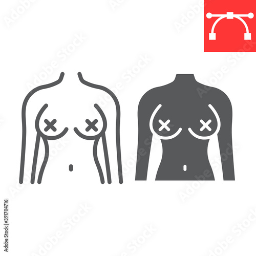 Radical feminism line and glyph icon, female breast and sexism, naked woman sign vector graphics, editable stroke linear icon, eps 10.