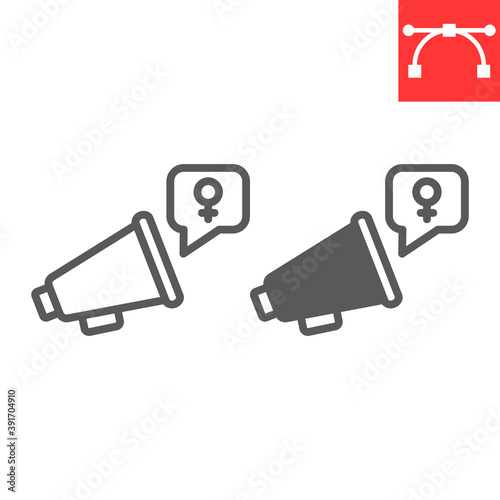 Feminism protest line and glyph icon, sexism and feminism, megaphone sign vector graphics, editable stroke linear icon, eps 10.
