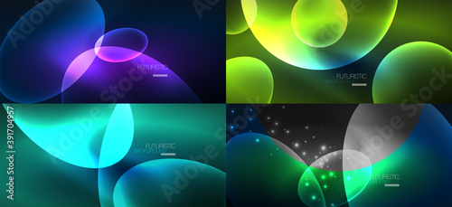 Set of neon abstract backgrounds. Shiny bright glowing ellipses in the dark. Vector futuristic illustrations for covers, banners, flyers and posters and other