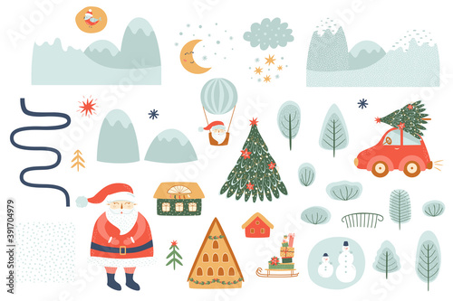 Winter hand drawn landscape creator. Christmas landscape elements set. Outdoor clipart. Houses, mountains, trees