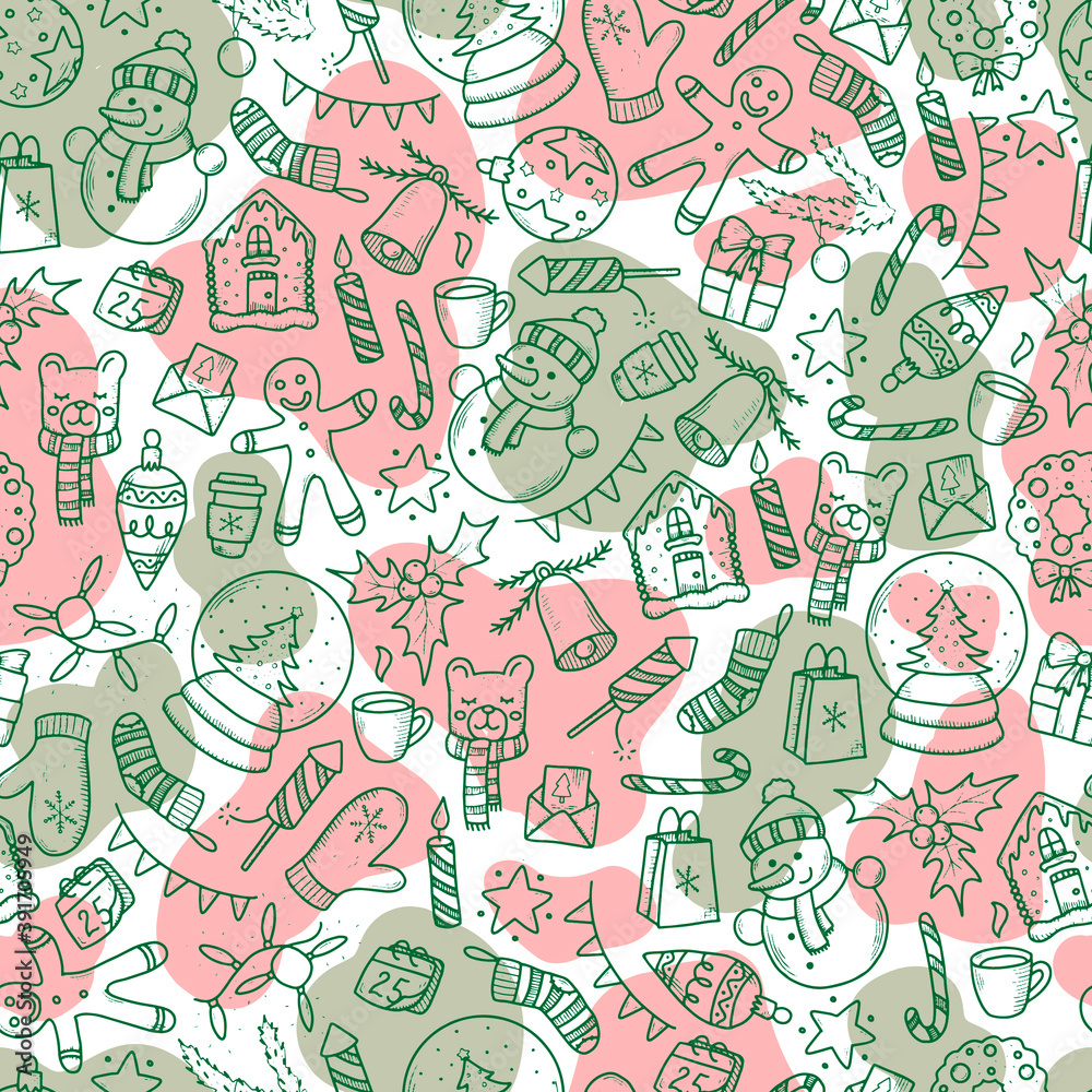 Cute seamless pattern with Chrismtas doodles for wrapping paper, scrapbooking, stationery, packaging, textile prints, wallpaper, etc.
