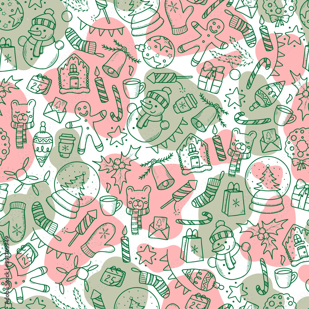 Obraz premium Cute seamless pattern with Chrismtas doodles for wrapping paper, scrapbooking, stationery, packaging, textile prints, wallpaper, etc.