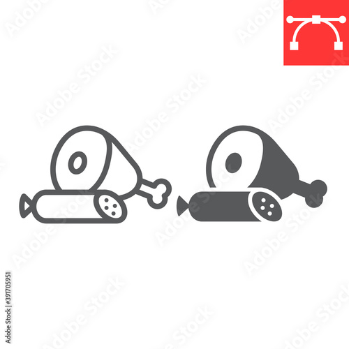 Deli line and glyph icon, leg of ham and salami, beef sign vector graphics, editable stroke linear icon, eps 10.