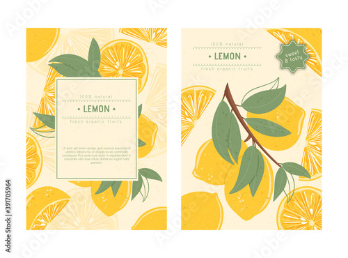 Fresh textured lemon fruits on branch with leaves vector hand drawn cards design with text.
