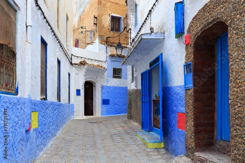 View of the walls of Medina quarter in Chefchaouen, Morocco. The city, also known as Chaouen is noted for its buildings in shades of blue and that makes Chefchaouen very attractive to visitors. © Renar