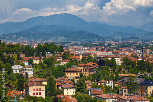 Aerial view of the old town Bergamo in northern Italy. Bergamo is a city in the alpine Lombardy region.