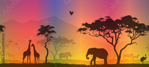 horizontal seamless background with africa nature. All animals and trees are isolated - you can clean and move them. vector illustration © kozerog2015