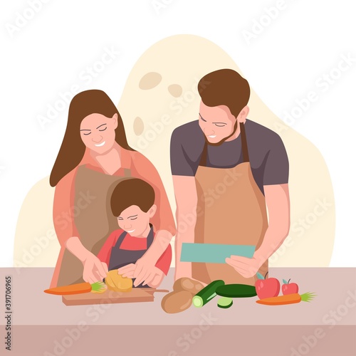 A cheerful family stays at home and cooks in the kitchen together. Parents and children cook quarantined pancakes
