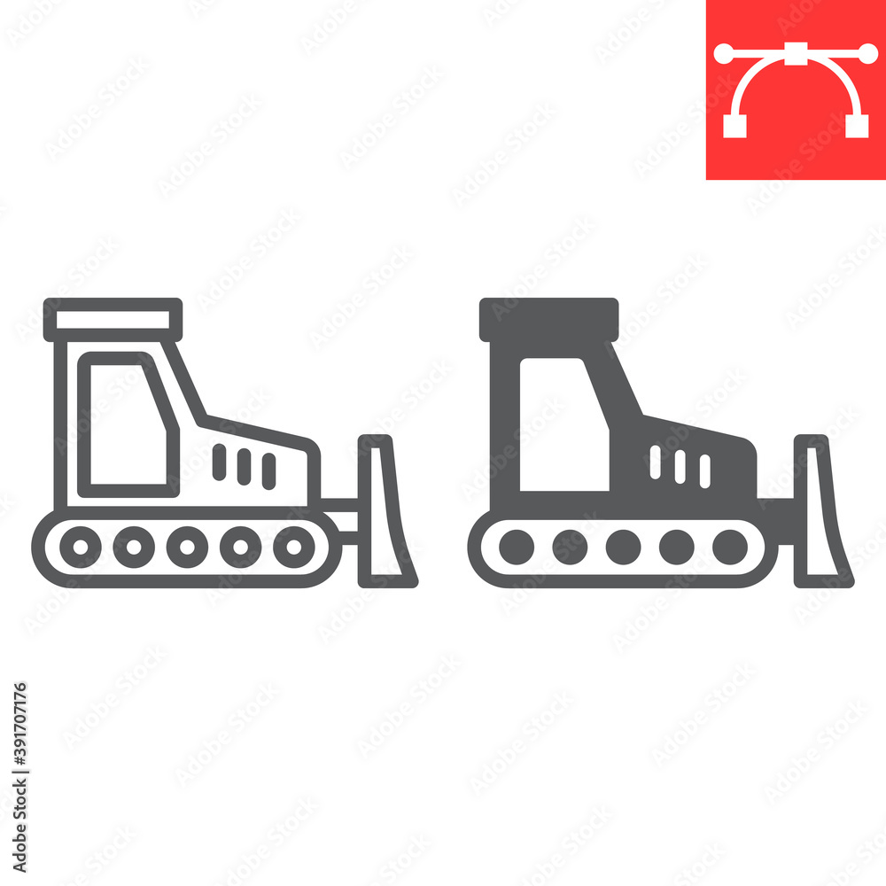 Naklejka premium Bulldozer line and glyph icon, construction and vehicle, bulldozer sign vector graphics, editable stroke linear icon, eps 10.