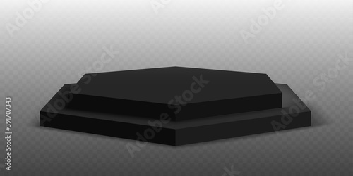 Black podium. Pedestal platform or showroom stand. Black studio stage platform
