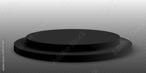 Black podium. Pedestal platform or showroom stand. Black studio stage platform