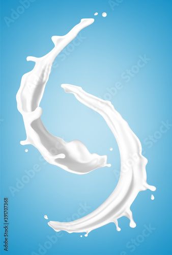 Milk splashes isolated on blue background. Natural dairy product, yogurt or cream splash. Realistic vector illustration
