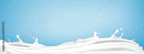 Milk splashes on blue background. Natural dairy product, yogurt or cream splash. Realistic vector illustration