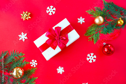 Christmas background with fir tree and decor. Top view