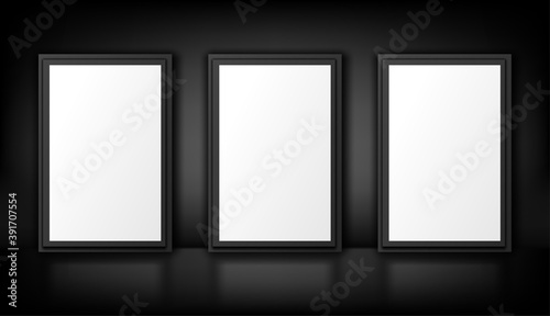 Posters mockup isolated on black. White lightbox. Empty advertising panel. Vector realistic illustration