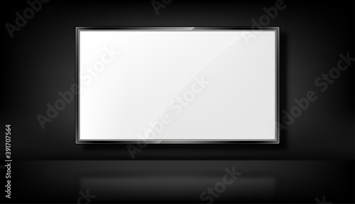 Tv panel on the black background. Realistic TV screen. 3d blank led monitor mockup