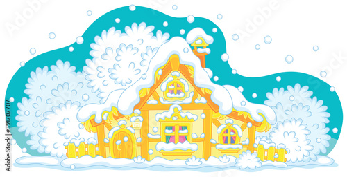 Snow-covered small wooden house from a fairytale on a snowy and frosty winter night on Christmas Eve, vector cartoon illustration isolated on a white background