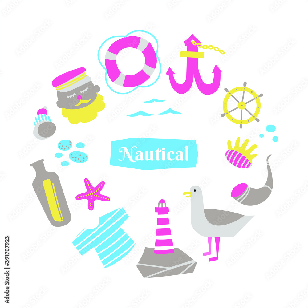 Nautical vector illustration set in circle shape with sea and ocean things in kids cartoon style isolated on white background. Nautical vector illustration set in circle shape with sea and ocean things in kids cartoon style isolated on white background.