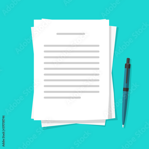 Writing text letter content on paper document sheets via pen vector flat cartoon illustration, idea of book or essay creation, note message pages