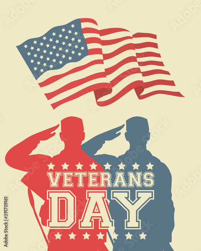 happy veterans day celebration card with soldiers saludating usa flag