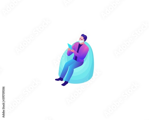People receive test result from the laboratory, Covid-19 lab,  Coronavirus medical research, patient in face mask, man sitting in beanbag chair, isolated on white background