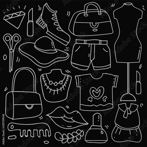 Set of woman fashion accessories in doodle style isolated on black background  Vector hand drawn set clothing theme. Vector illustration