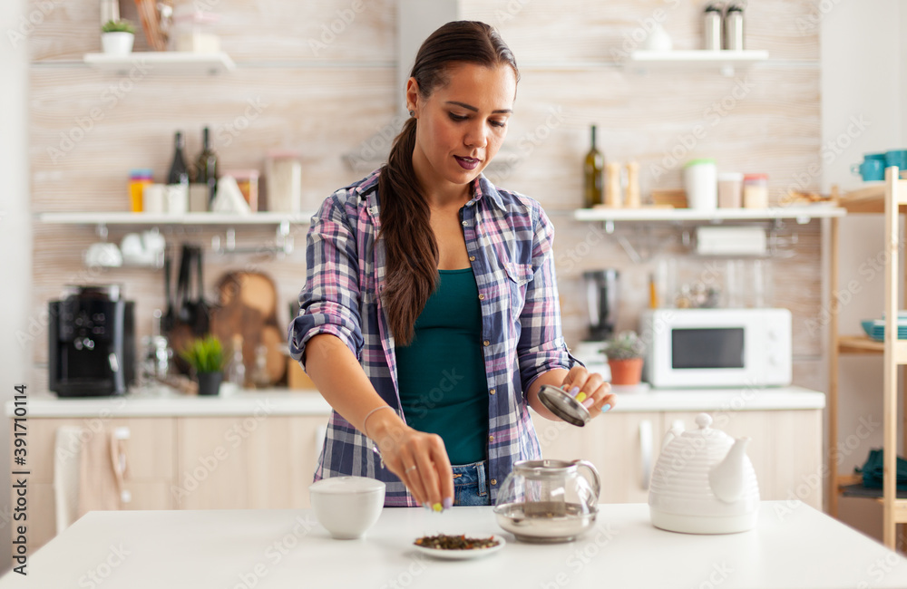 Housewife using aromatic herbs to make hot natural tea for enjoying breakfast. Preparing tea in the morning, in a modern kitchen sitting near the table. Putting with hands, healthy herbal in pot.