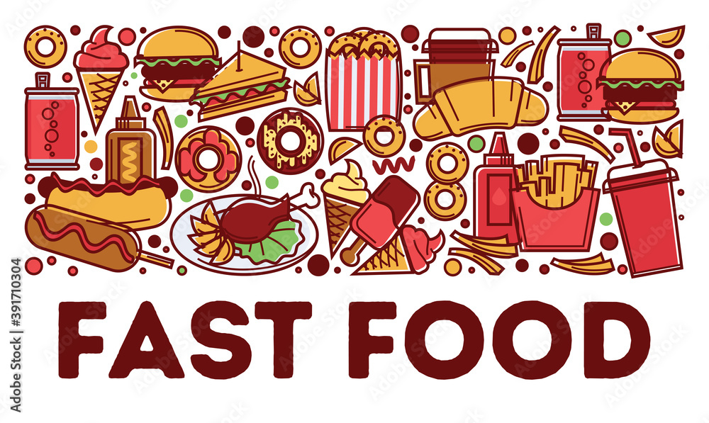 Fast food dishes and drinks, snacks and beverages
