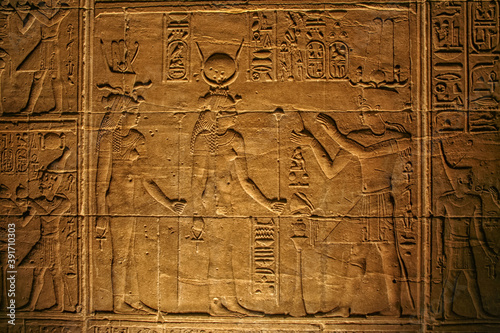 Photos Illuminated Egyptian hieroglyphs from Temple of Isis from Philae Aswan (Egypt)