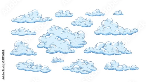 Collection of fluffy clouds of different shapes and sizes. Set of curly hand drawn cumulus isolated on white background. Beautiful sky view. Vector illustration