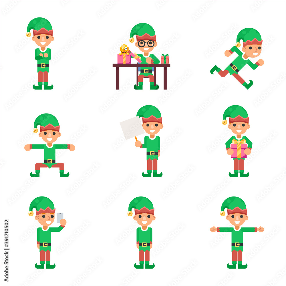 Santa claus helper elf characters set in different poses and actions icons set flat design vector illustration Santa claus helper elf characters set in different poses and actions icons set flat design vector illustration