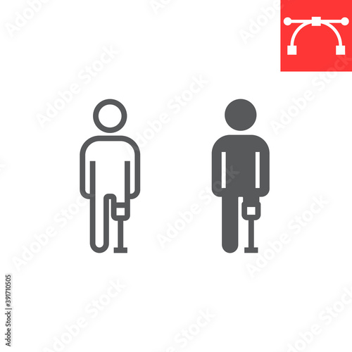 Man with leg prosthesis line and glyph icon, disability and artifical, handicapped person with prosthesis sign vector graphics, editable stroke linear icon, eps 10.