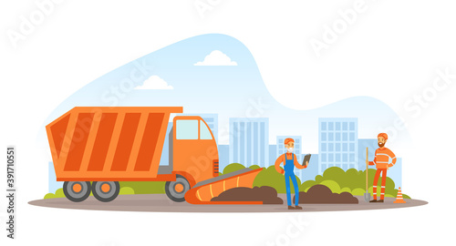 Road Works, Construction Workers in Overalls and Safety Helmets Repairing Asphalt Road, Heavy Construction Machinery Vector Illustration