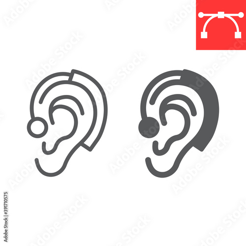 Hearing aid line and glyph icon, disability and deafness, ear sign vector graphics, editable stroke linear icon, eps 10.