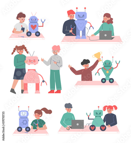 School Students Creating Robots Set, Boys and Girls Engineers Characters Working on Educational Project Cartoon Style Vector Illustration