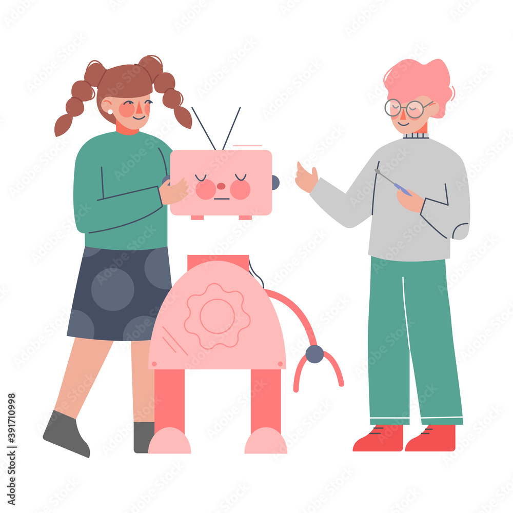 School Students Characters Assembling Robot, Boy and Girl Working on Educational Project Cartoon Style Vector Illustration School Students Characters Assembling Robot, Boy and Girl Working on Educational Project Cartoon Style Vector Illustration