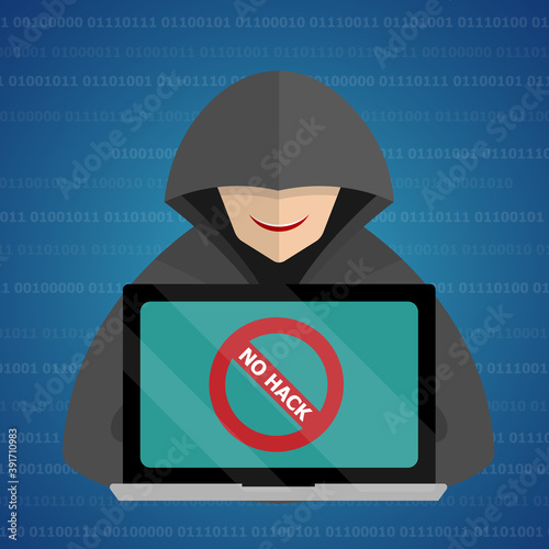 Hacker at laptop with NO HACK in laptop screen, Internet Security concept, Binary code background