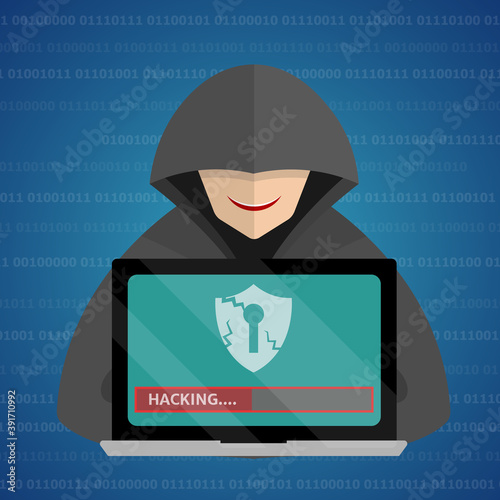 Hacker at laptop with destroyed shield in laptop screen, Internet Security concept, Binary code background
