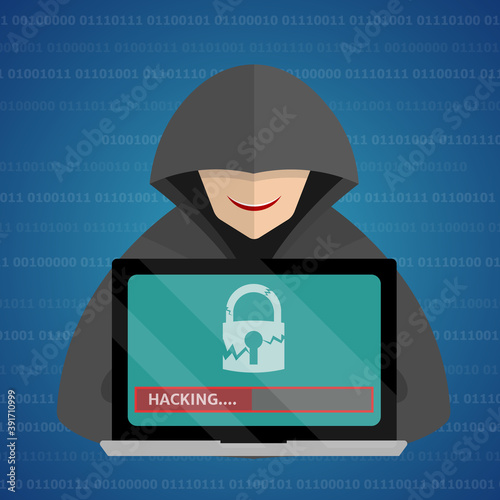 Hacker at laptop with destroyed padlock in laptop screen, Internet Security concept, Binary code background