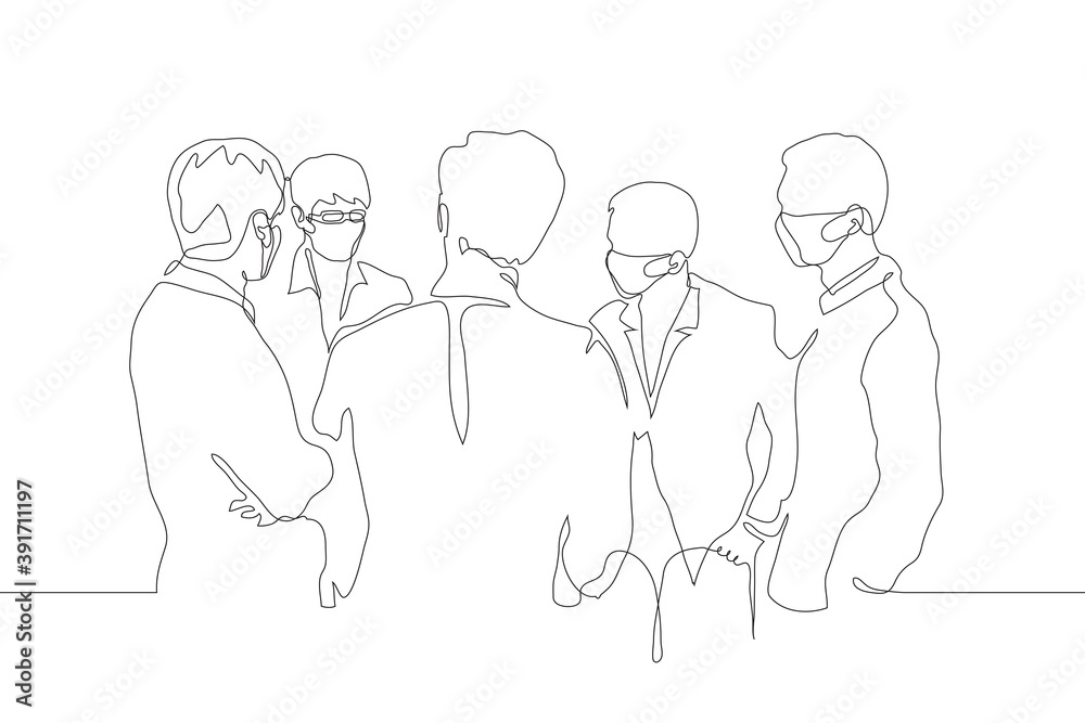 crowd of men in masks and business suits are standing in a circle and discussing something. one line drawing businessmen standing and talking