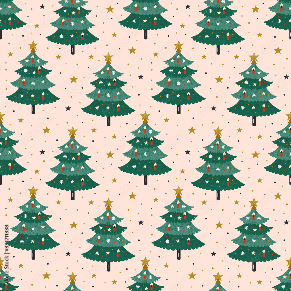 Christmas tree, decoration seamless pattern, background, texture. New year wrapping paper, print, packaging design. Winter holiday. Scandinavian style. Christmas tree, decoration seamless pattern, background, texture. New year wrapping paper, print, packaging design. Winter holiday. Scandinavian style.