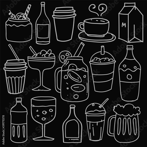 Hand drawn of beverages in doodle style isolated on black background, Vector hand drawn set beverages theme. Vector illustration