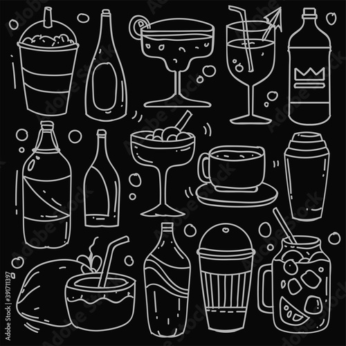 Hand drawn of beverages in doodle style isolated on black background, Vector hand drawn set beverages theme. Vector illustration