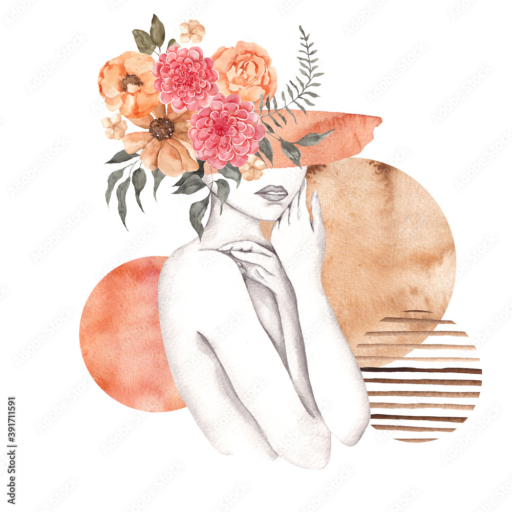 Watercolor illustration with woman silhouette, floral bouquet and