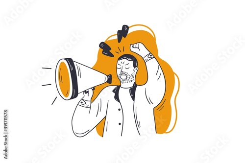 Protest, promotion, manifestation concept. Young angry man guy activist man speaker screaming in megaphone loudspeaker protesting for human rights. Strike against violence social riot illustration.