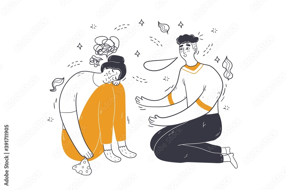 Mental stress, depression, support concept. Man guy cartoon character consoling comforting calming depressed anxious frustrated woman girl in mind disorder. World Suicide Prevention Day illustration.
