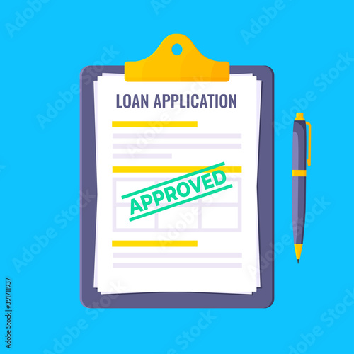 Loan approved credit or loan form with clipboard and claim form on it, paper sheets isolated on blue background flat style vector illustration. Concept of fill out or online credit application form.