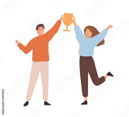 Couple of man and woman winners holding golden goblet. Happy successful people win award. Concept of goal achievement celebration. Flat vector cartoon illustration isolated on white