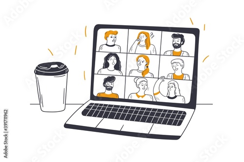 Online meeting, video conference, business concept. Group of diverse men women businesspeople enjoy web communication illustration. Smiling friends talking on video conference internet discussion. 